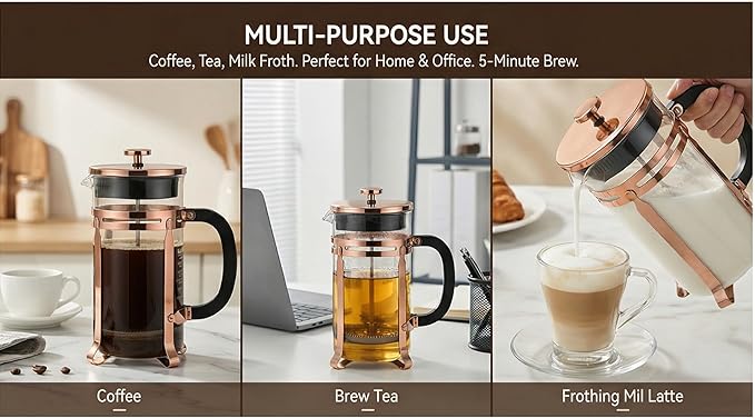 French Press Coffee Maker with Copper Frame, Multi-Layer Stainless Steel Filter, Glass Carafe with Measurement Markings, Easy to Clean, for Home & Office