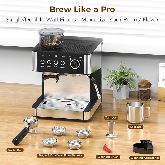 (2025 Upgrade Espresso Machine with Grinder, 20 Bar Professional Espresso Coffee Machine with Anti-Clog Design, Built-in Milk Frother Steam Wand-Perfect Cappuccino & Latte Maker for Home