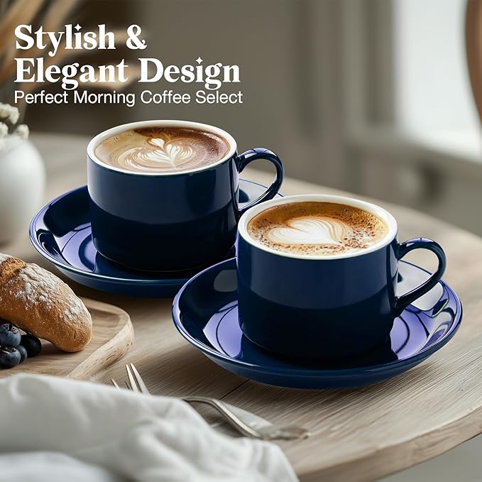 NWYSZ 5 Ounce Blue Porcelain Stackable Espresso Cups with Stainless Steel Holder, Set of 4, Durable Ceramic, Perfect for Home, Office or Gift