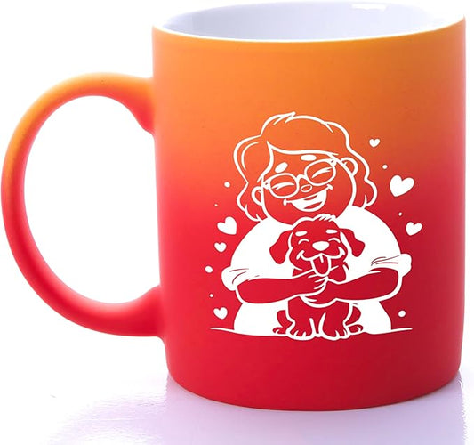 G MUGS Dog Lover Ceramic Coffee Mug, Cute Glasses Girl & Dog Hug Design Mug, Tea Mug, Adorable Pet Lover Gift for Women Teens,13oz Red And Yellow Mug