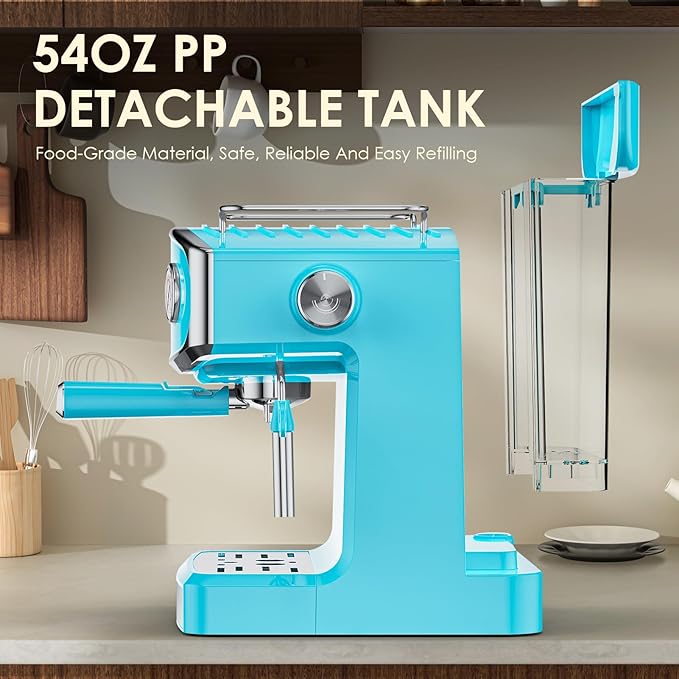 20 Bar Vintage Style Espresso Machine Coffee Maker with Milk Frother, ESE Pod Compatible Coffee Machine, Pressure Gauge, 54 oz Food-Grade PP Removable Water Tank, Ideal for Home Barista(Blue)