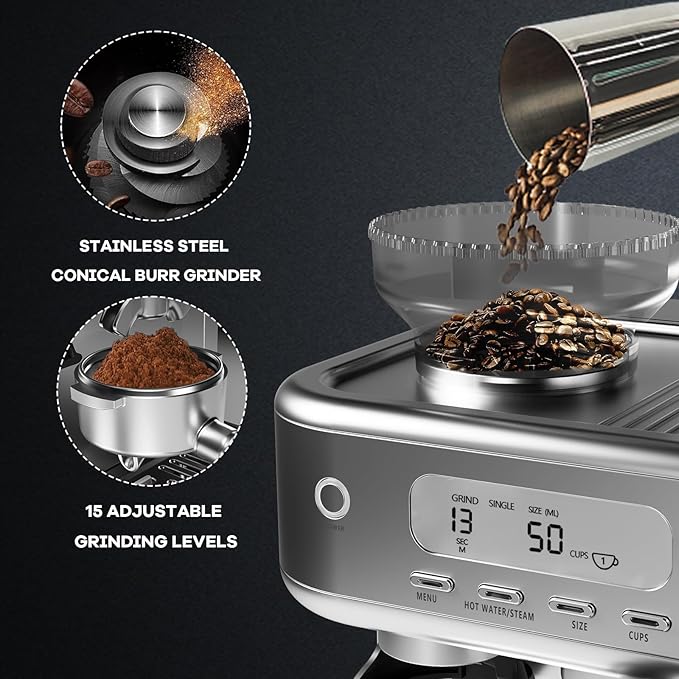 IDEALHOUSE Espresso Maker with Grinder,Milk Frother, 15 Bar Pump, 15 Grind Settings, Digital Display, High Power Milk Frother, Digital LCD Screen, Stainless Steel Coffee Maker for Home and Office