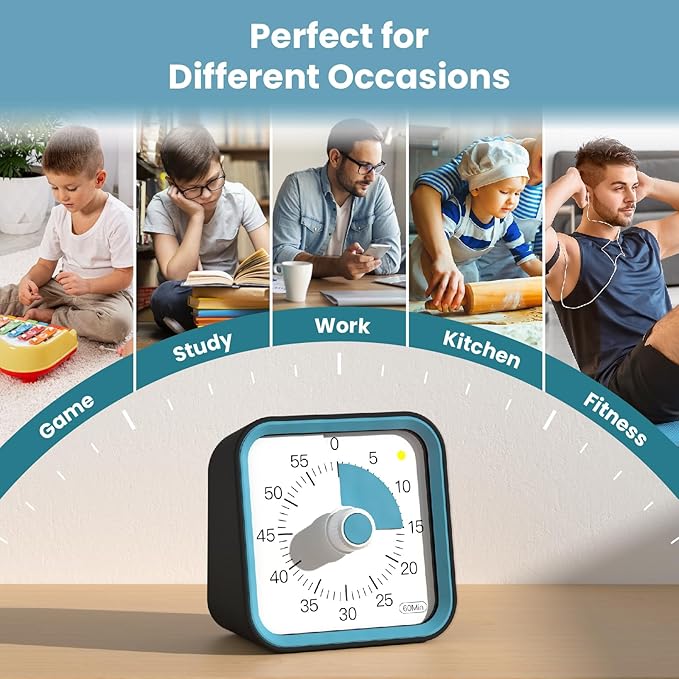 InfPokid Visual Timer for Kids with Pause Function, 60 Minute Countdown Timer for Kids Desk Study, Teaching, Kitchen Cooking, Office Meetings, Time Management for ADHD (Black)
