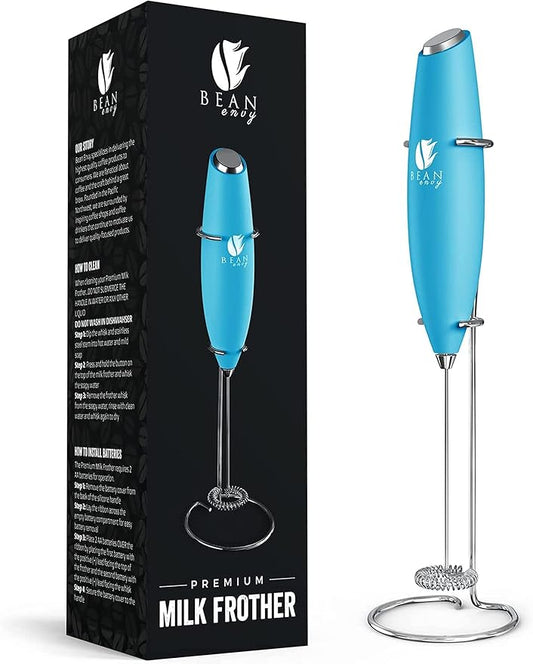 Bean Envy Milk Frother, Coffee Stirrers, Frother Wand, Milk Frother Handheld, Frother with stand, Hand Blender for Coffee, Lattes, Cappuccino, Matcha and Hot Chocolate – Kitchen Gifts - Light Blue