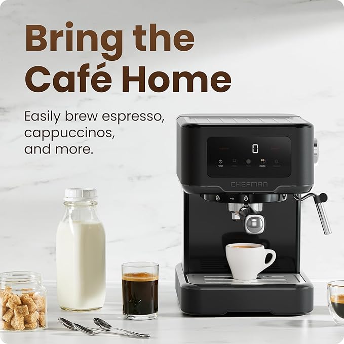Chefman CraftBrew Espresso Machine, 15-Bar Pump Digital Espresso Maker w/Steam Wand for Latte & Cappuccino, Compact Espresso Coffee Machine w/ 1.5L Removable Water Reservoir - Black