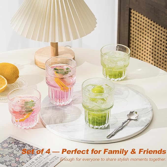 11oz Drinking Glasses Set of 4, Juice Glasses Stackable Tall Glass Mugs for Tea Iced latte Coffee Glass, Beer Glasses, Cocktail Glasses,Water glasses for bar, restaurant