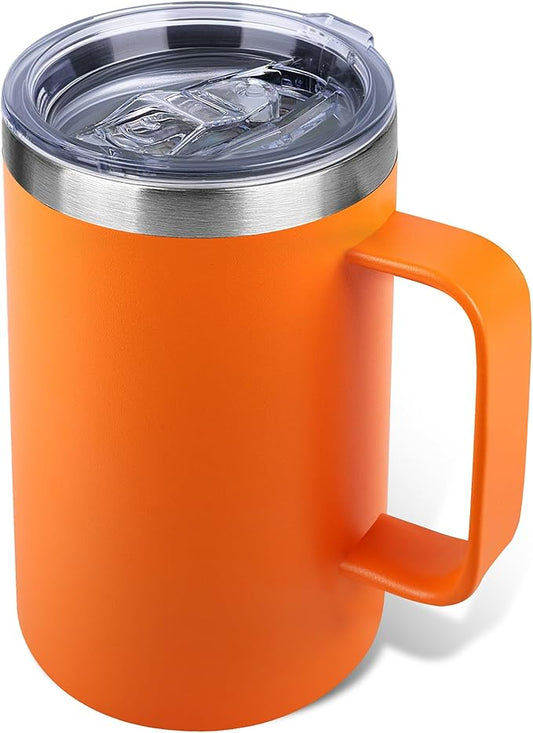 Zynkify 22oz Insulated Coffee Mug with Handle & Leak-Proof Lid - Double Wall Stainless Steel Travel Tumbler for Commute/Office/Home, Orange, 1 Pack