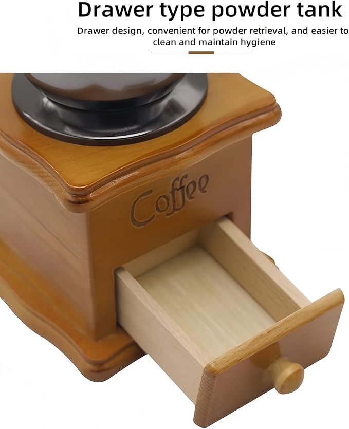 Vintage Hand-Cranked Coffee Bean Grinder with Ceramic Burr Drawer-Style Powder Tray Ergonomic Long Handle Non-Slip Wooden Base for Home Use Small Batch Brewing and Coffee Enthusiasts (New version)