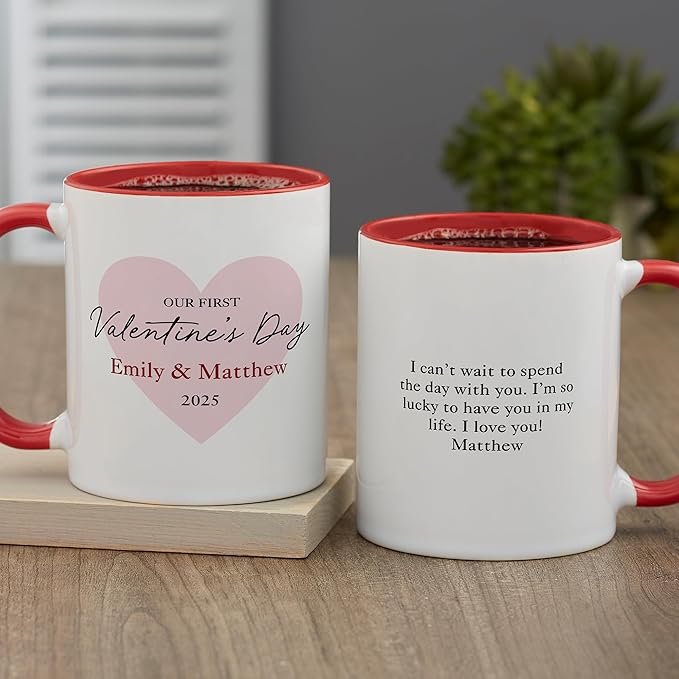 Personalization Universe Our First Valentine's Day Personalized Coffee Mug - 11 oz Ceramic - Customizable Text & Names - Ideal Valentines Day Gifts for Him - Microwave/dishwasher Safe - Red