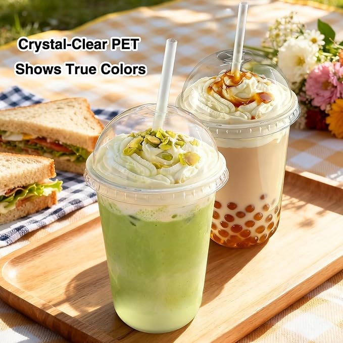 100 Set 16oz Disposable Clear Plastic Cup with Lids and Straws, Sturdy & Food Safe Iced Coffee Cups, Plastic Cold Drinks Cups for Smoothie, Milk Tea, Assorted Beverages Party Supplies