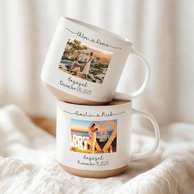 Personalized Engagement Photo Pottery Mug 12oz, Custom Couple Picture Mug with Names & Date, Wedding and Anniversary for Couple
