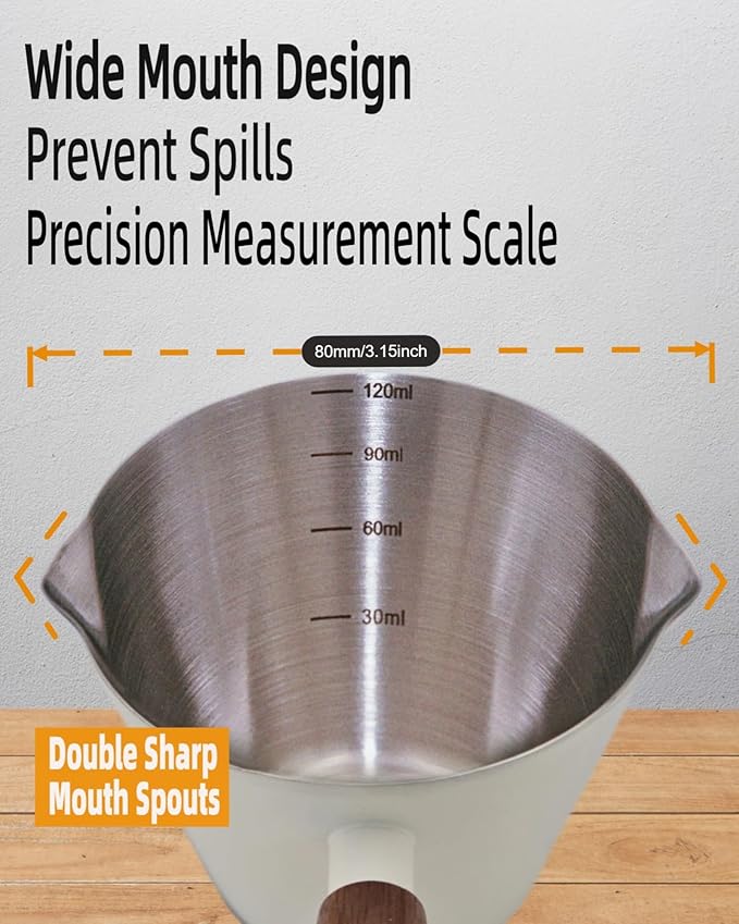 Espresso Cups - 4OZ Espresso Shot Cup with Wooden Handle -Measuring Cup with Double Spouts - Coffee Bar Accessories, White （2 Pcs）