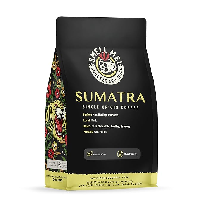 Bones Coffee Company Sumatra Single-Origin, Dark Chocolate, Smoky Earthy Notes, Whole Coffee Beans, Low Acid Darl Roast Arabica Beans Flavored Coffee, 12 oz Whole Bean