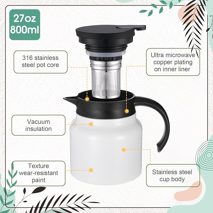 2 Pcs Thermal Coffee Carafe for Keeping Hot/Cold Stainless Steel Small Coffee Creamer Container Double Wall Vacuum Insulated Tea pot Beverage Dispenser for Milk Hot Chocolates (White,27 oz)