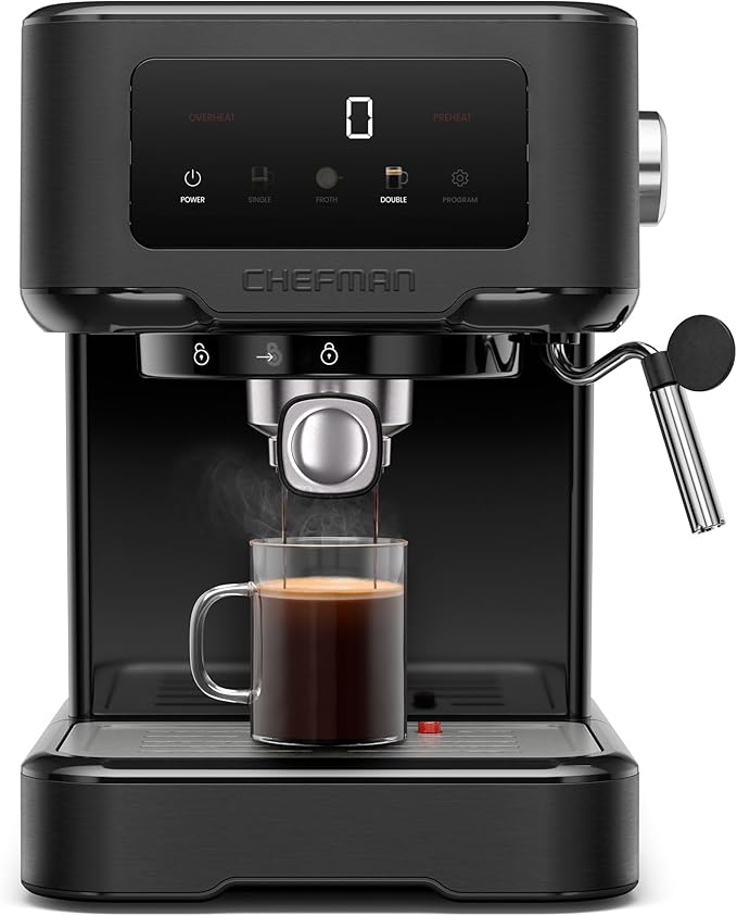 Chefman CraftBrew Espresso Machine, 15-Bar Pump Digital Espresso Maker w/Steam Wand for Latte & Cappuccino, Compact Espresso Coffee Machine w/ 1.5L Removable Water Reservoir - Black