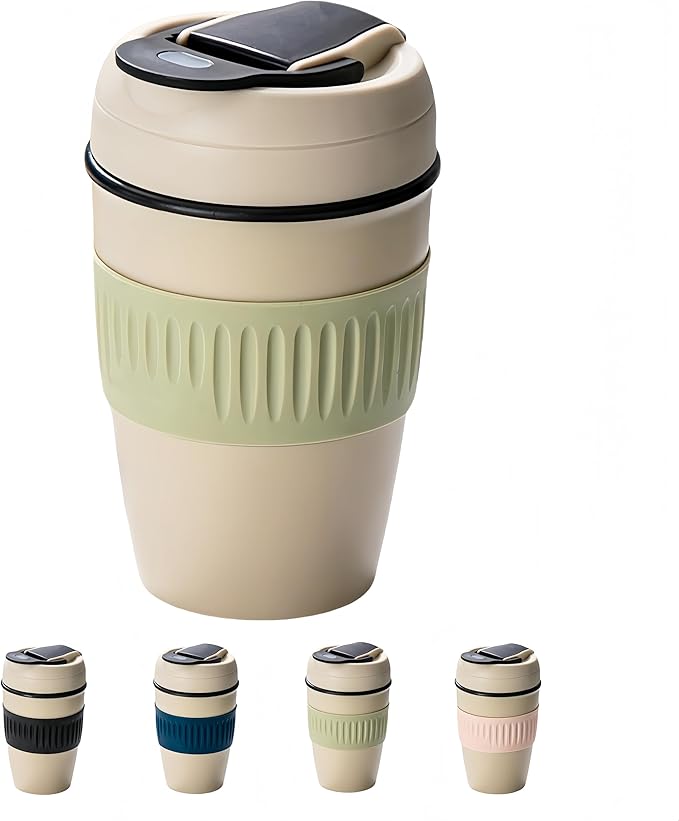 12oz Portable Vacuum Insulated Coffee Mug with Ceramic Inner, for Coffee, Flower Tea, Milk & Juice, Dual - Drinking, Leak - Proof (Green)