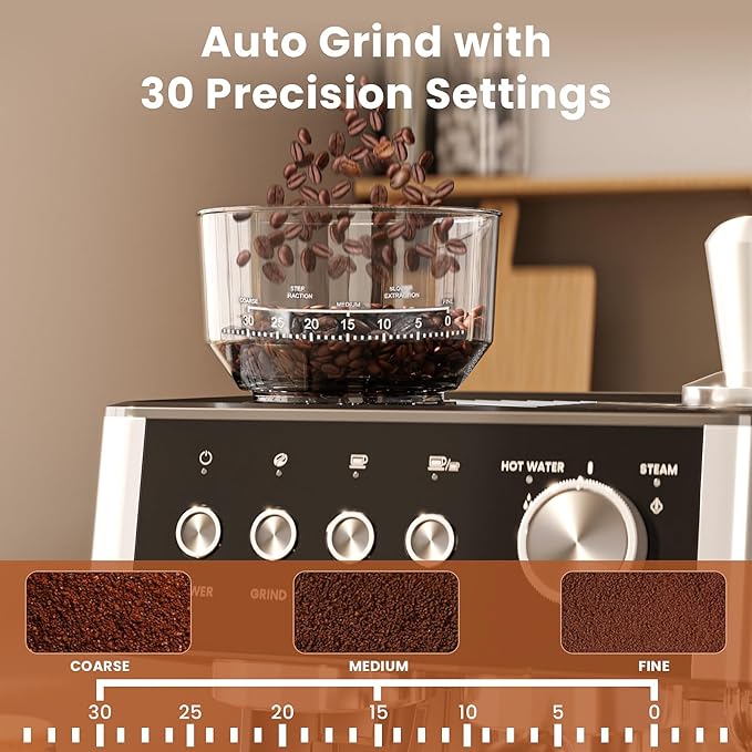 WAA Espresso Machine 20 Bar, Expresso Coffee Machines with Grinder, Espresso Maker with Milk Frother Steam Wand, Latte & Cappuccino Machine with Removable Water Tank for Home, Stainless Steel