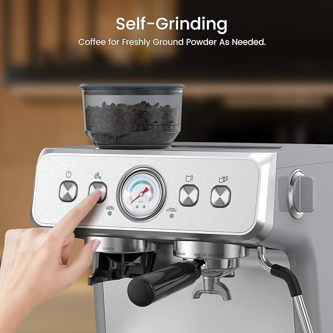 20 Bar Espresso Machine with Grinder & Milk Frother Steam Wand, 58mm Stainless Steel Coffee Maker, Expresso Coffee machines for Home and Café Use, Perfect for Cappuccino and Latte
