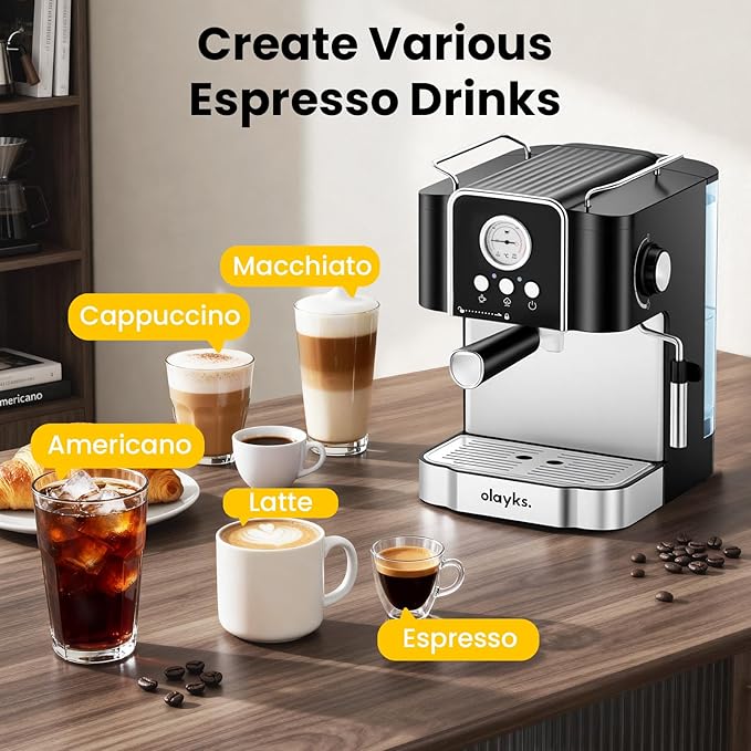 olayks. Professional 20-Bar Espresso Coffee Maker, Semi-Automatic with Steam Wand Milk Frother, All-in-One Machine with 1.8L Removable Tank for Latte Cappuccino, Easy Clean