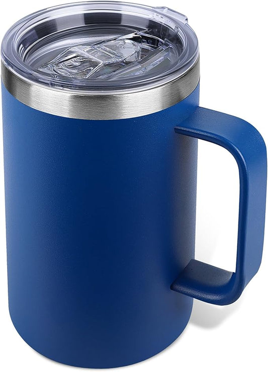 Zynkify 22oz Insulated Coffee Mug with Handle & Leak-Proof Lid - Double Wall Stainless Steel Travel Tumbler for Commute/Office/Home, Dark Blue, 1 Pack