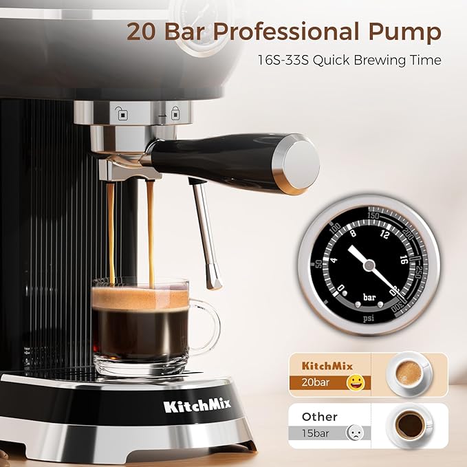Espresso Machine with Milk Frother ，20 Bar Stainless Steel Espresso Maker with Milk Frother Steam Wand, Espresso Coffee Machine with Removable Water Tank (Black)