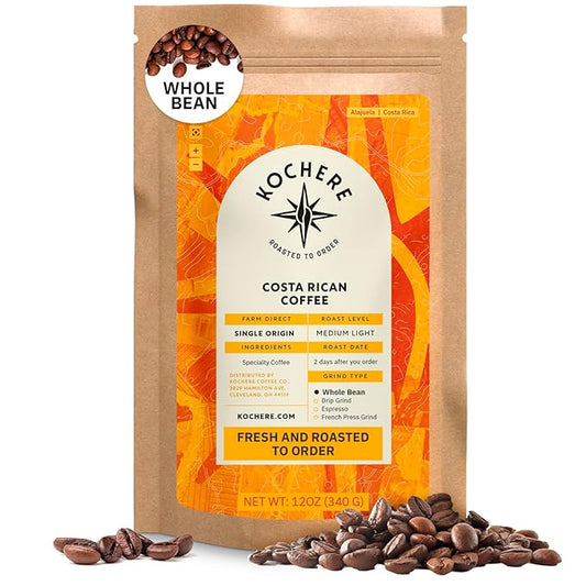 Costa Rican Whole Bean Coffee Medium Roast - 12 oz, Single Origin Arabica SpecialtyCoffee Beans, Fair Trade, Non-GMO