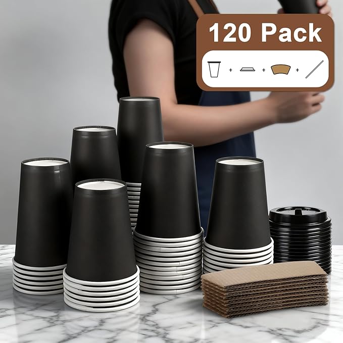 120 Pack 12 oz Paper Coffee Cups Set, Disposable Black Coffee Cups with Lids, Sleeves and Stirring Sticks, Fit For Cold and Hot Drinks