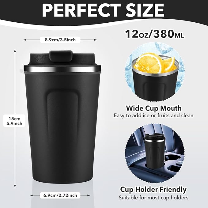 Volhoply 12 oz Double Wall Insulated Vacuum Travel Coffee Mug with Flip Lid Bulk 8 Pack,Reusable Stainless Steel Leak Proof Coffee Cup,Portable Thermal Tumblers for Hot & Cold Drinks(Assorted,8 Set)