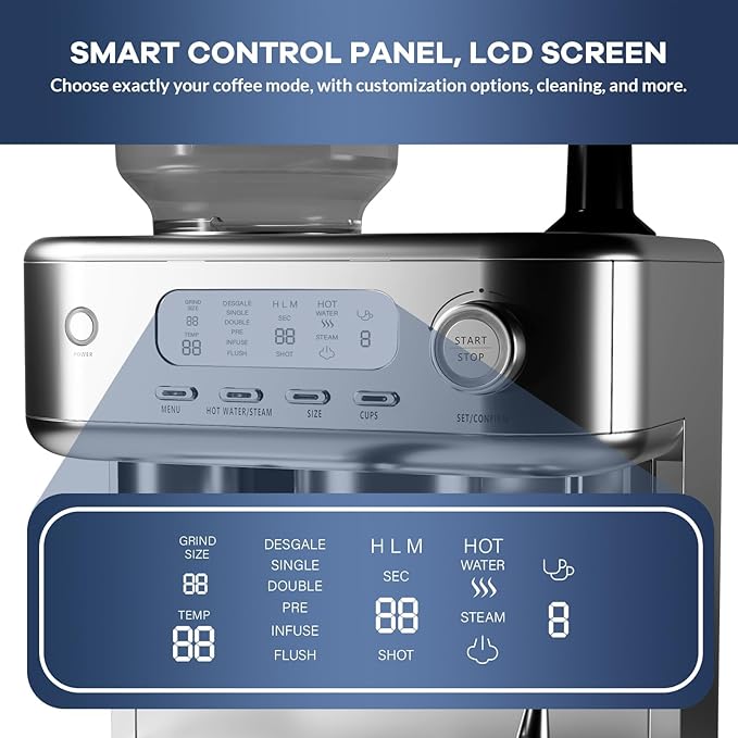 IDEALHOUSE Espresso Maker with Grinder,Milk Frother, 15 Bar Pump, 15 Grind Settings, Digital Display, High Power Milk Frother, Digital LCD Screen, Stainless Steel Coffee Maker for Home and Office