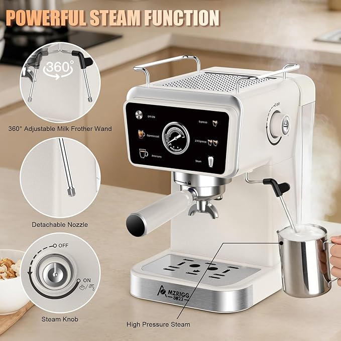 Espresso Machine – 20 Bar Pressure, Also Supports Americano, Latte, Cappuccino & Iced Coffee, 1.5L Water Tank, Milk Frothing & Hot Water, White Retro Design for Home & Office