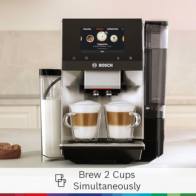 Bosch 800 Series Fully Automatic Espresso and Coffee Machine – 36 Drinks with Coffee World, Cold Brew, Double Cup, Integrated Milk Container, Smart Features, in Silver TQU60307