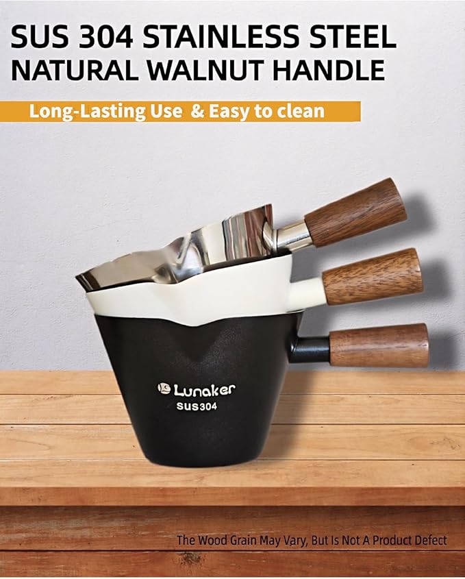Espresso Cups - 4OZ Espresso Shot Cup with Wooden Handle -Measuring Cup with Double Spouts - Coffee Bar Accessories, Bright Silver（2 Pcs）
