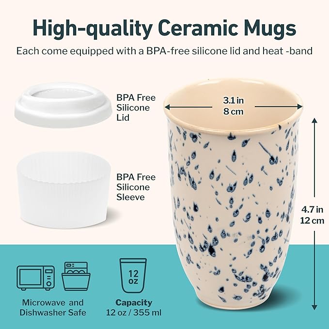 NOVA CERAMICS Travel Mug - Travel Size Mug – Reusable Coffee Mug Unique to Go Mug – Microwave & Dishwasher Safe Coffee White & Blue Tumbler - Gifts for Women Men Him Her – 12oz – Orchid