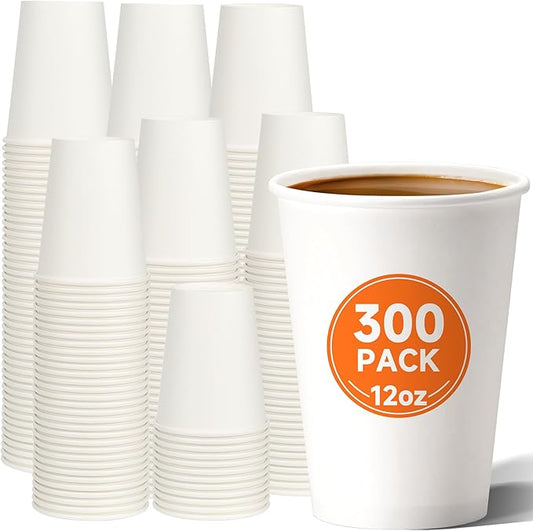 12 oz Disposable Paper Coffee Cups [300 Pack], White Hot Coffee Cups 12 oz, Thickened Design for Cafes, Bistros, Parties, and Events