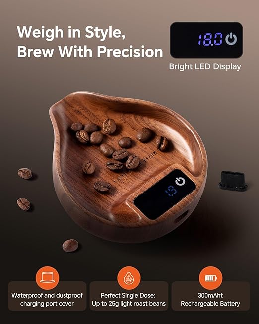 Digital Dosing Cup with LED Display - Mini Rechargeable Wood Coffee Bean Scale Cup and Spray Bottle Kit, Kitchen Measuring Accessory for Espresso, Tea, Coffee Lover Gifts, Walnut