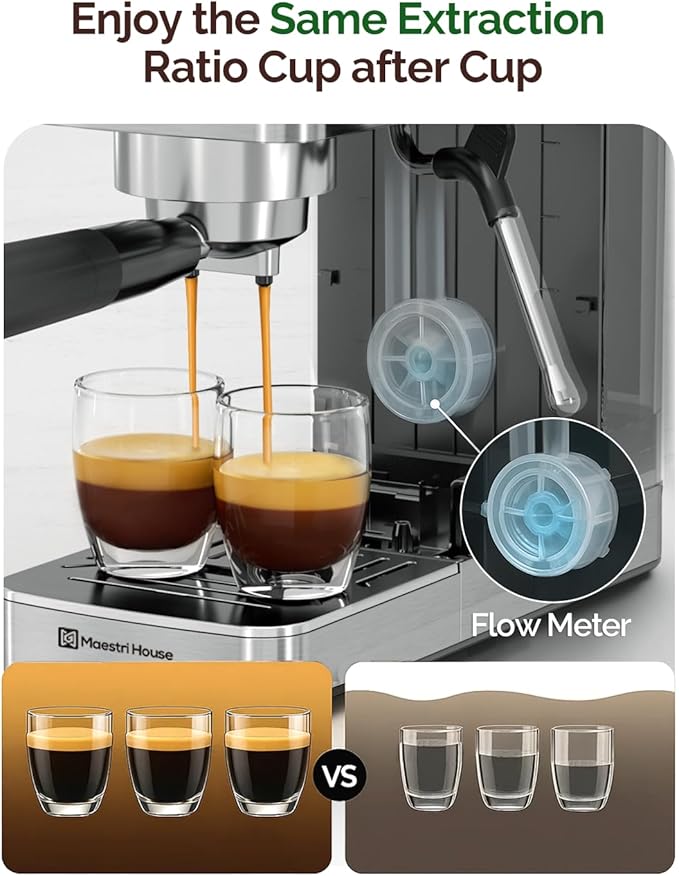 Maestri House Espresso Machines 20 Bar ULKA Pump, Compact Espresso Maker Built-in Flow Meter Steam Milk Frother, 43oz Removable Water Tank Stainless Steel Coffee Machine for Cappuccino (Sliver)