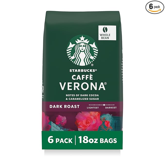 Starbucks Whole Coffee Beans, Dark Roast Hot or Iced Coffee, Caffè Verona, Six 18 oz Bags