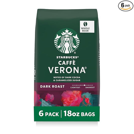 Starbucks Whole Coffee Beans, Dark Roast Hot or Iced Coffee, Caffè Verona, Six 18 oz Bags