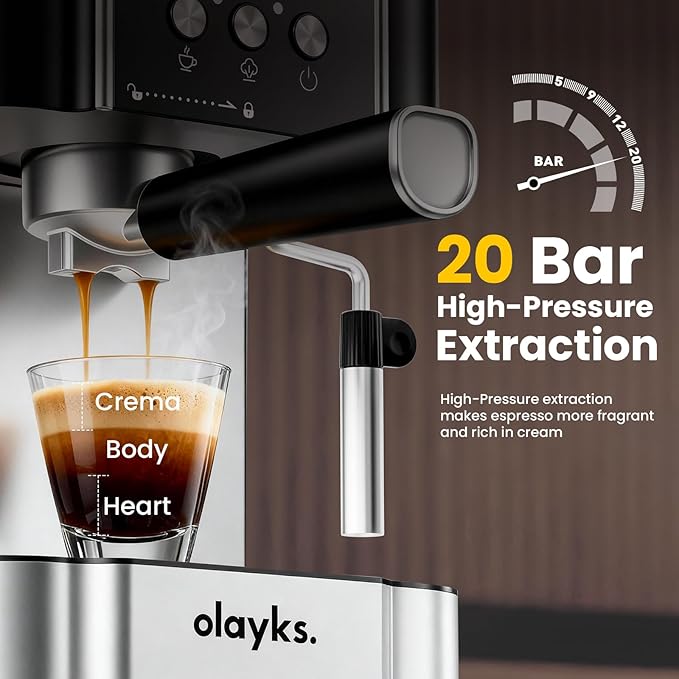 olayks. Professional 20-Bar Espresso Coffee Maker, Semi-Automatic with Steam Wand Milk Frother, All-in-One Machine with 1.8L Removable Tank for Latte Cappuccino, Easy Clean