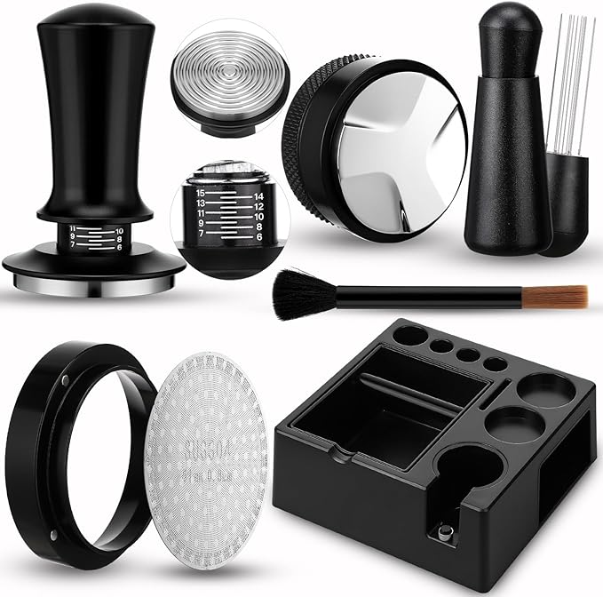 7Pcs 51mm Espresso Accessories Kit Espresso Tamping Station Spring Loaded Calibrated Tamper WDT Tool and Dosing Funnel Set Coffee Distributor and Tamper Leveler Fits 51mm Machines