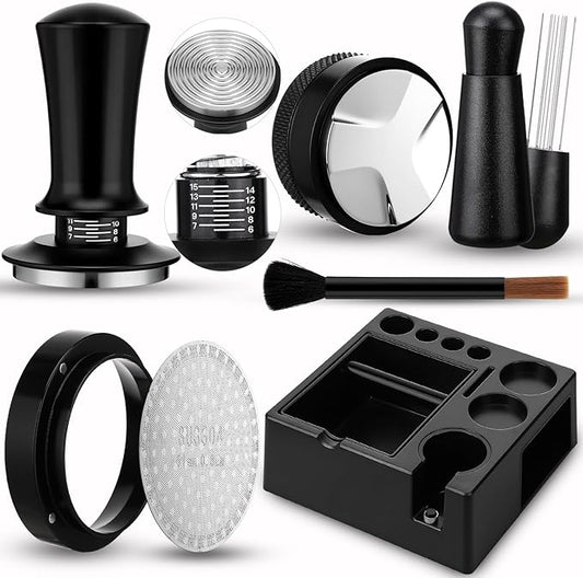 7Pcs 51mm Espresso Accessories Kit Espresso Tamping Station Spring Loaded Calibrated Tamper WDT Tool and Dosing Funnel Set Coffee Distributor and Tamper Leveler Fits 51mm Machines