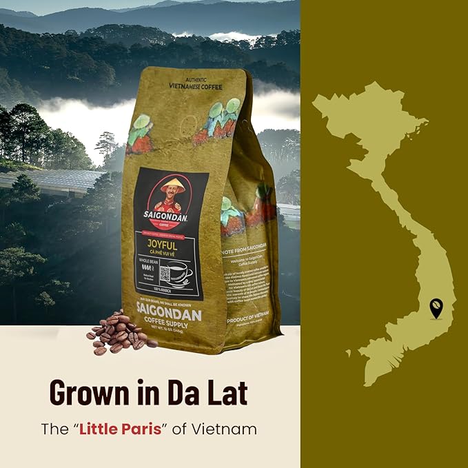 Vietnamese Coffee Beans – Saigondan Joyful 100% Arabica Whole Bean Medium Roast – Premium Single Origin, Direct Trade Vietnamese Coffee – 12 oz