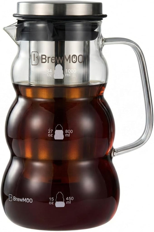 BrewMOO Cold Brew Coffee Pitcher (1.0L/34oz) - Elegant Sleek Wave Borosilicate Glass Pitcher with 100um 304 Stainless Steel Filter & Airtight Lid, Efforless Mannual for Beginner, Sophisticated Gift