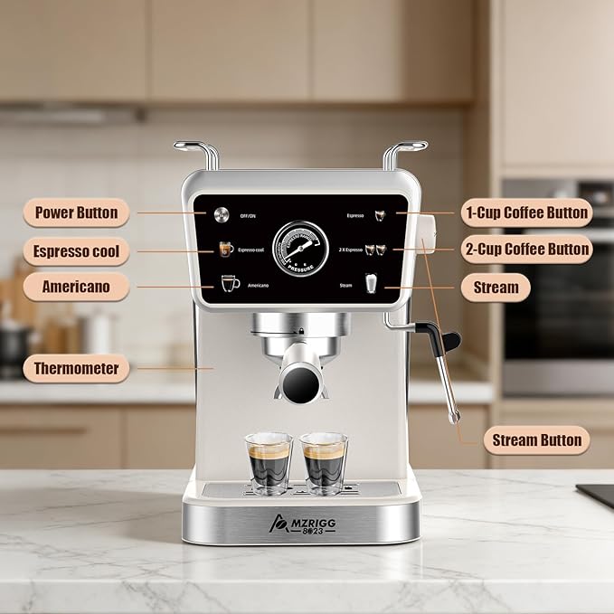 Espresso Machine – 20 Bar Pressure, Also Supports Americano, Latte, Cappuccino & Iced Coffee, 1.5L Water Tank, Milk Frothing & Hot Water, White Retro Design for Home & Office