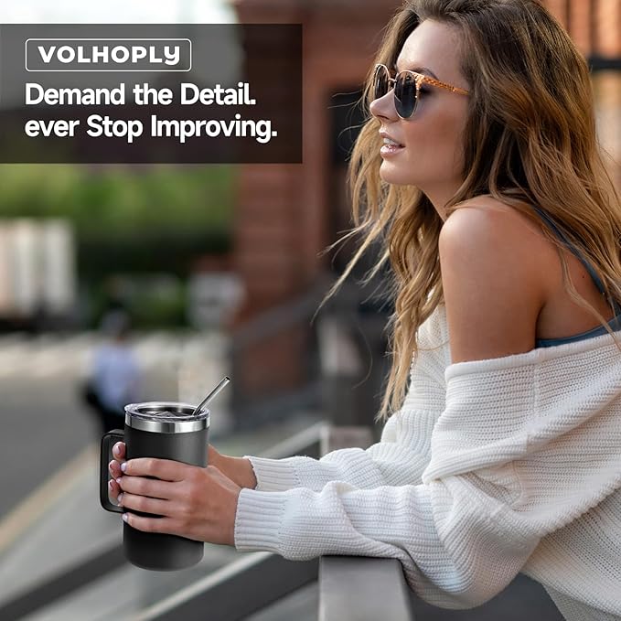 Volhoply 24oz Insulated Coffee Mug with Lid and Straw, Stainless Steel Travel Mugs with Handle, Double Wall Vacuum Leak Proof Coffee Tumbler Cup (Black,1)