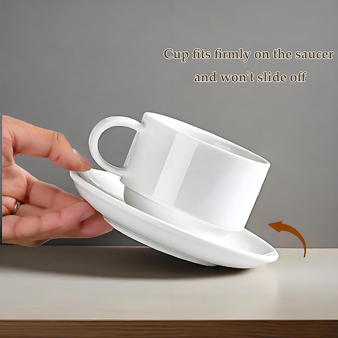 NWYSZ 8 Ounce Porcelain Cappuccino Cups with Saucers and Stainless Steel Stand, Stackable Espresso Cups Set of 4, White Ceramic Coffee Mugs for Home, Office, Cafe or Gift