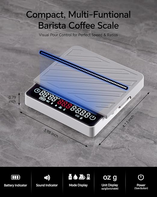 Digital Coffee Scale with Timer - Mini Espresso Scale with Flow Rate Indicator & Brew Ratio, 4 Smart Modes Rechargeable 2kg/0.1g Precision Scale for Pour Over, Kitchen, Matcha, White