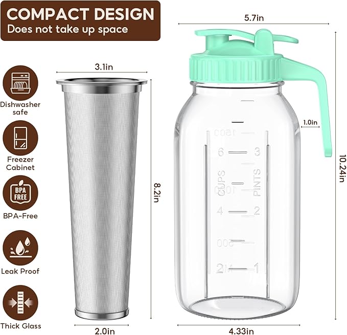 AHOMSEL Cold Brew Coffee Maker Jar - 2 Pack 64 oz Glass Cold Brew Maker with Handle, Stainless Steel Filter & Leak-Proof Lid, Heavy Duty Cold Brew Pitcher for Iced Coffee, Sun Tea, and Milk