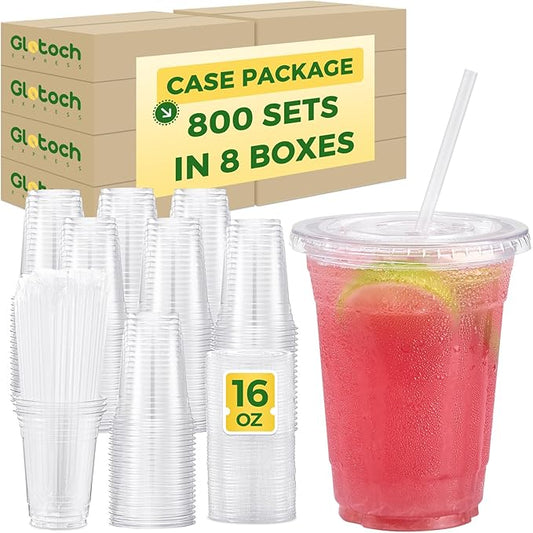[800 Sets - 16oz] Plastic Cups with Lids and Straws, Disposable Clear Crystal Plastic Coffee Cups with Lids, BPA Free To Go Cold Cup for Cold Drinks Milkshake (Available in Large-volume Packaging)