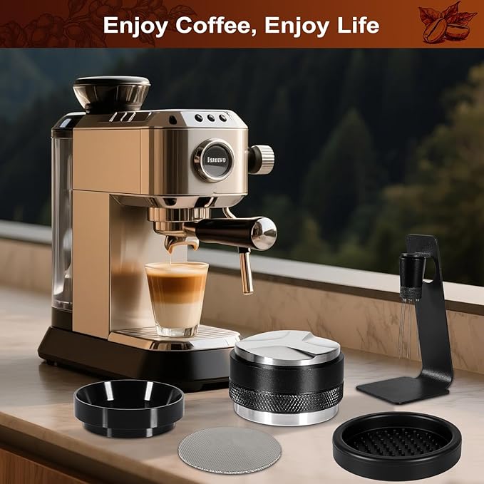 Espresso Accessories Kit 53mm, Coffee Distributor and Tamper Leveler, 316 Stainless WDT Tool with Magnetic Stand, Puck Scree and Dosing Funnel Set Fits Espresso Machine Press and 54mm Portafilters